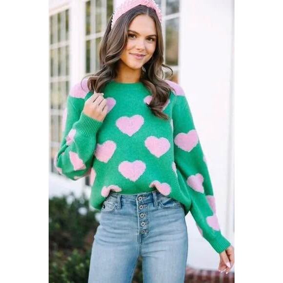 Pink Lily Women’s Small Green and Pink Heart Fuzzy Sweater - Picture 1 of 8